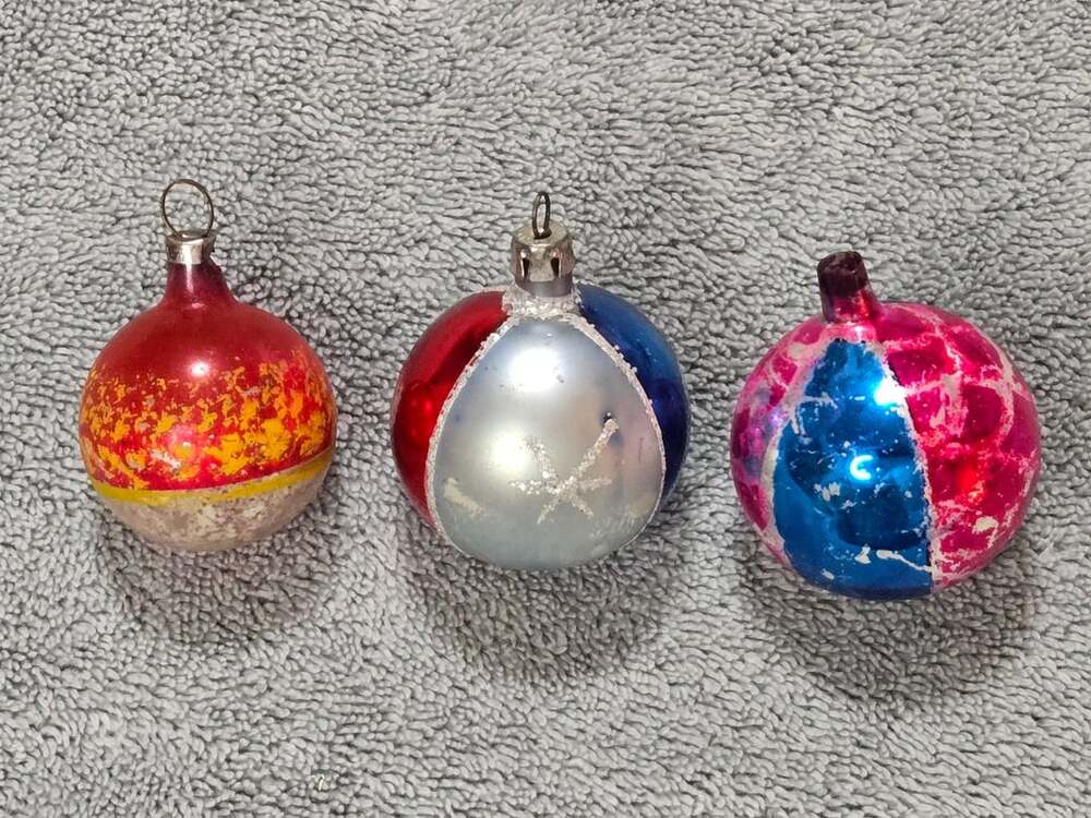 Vintage Poland Glass Christmas Ornaments Lot Of 3 Multi Color Balls